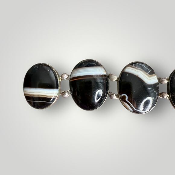 Vintage Sterling Silver Banded Agate Bracelet Oval Cabochon Stones sz 7 - Picture 4 of 9